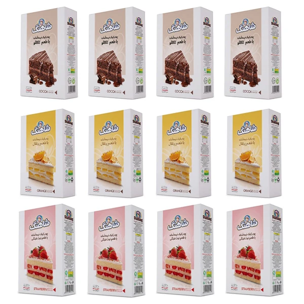 پودر کیک کاکائو و پرتقال و توت فرنگی شاهنگ - 250 گرم بسته 12 عددی 