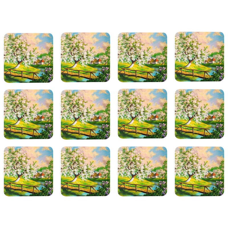 زیر لیوانی مدل Z1008 طرح نقاشی منظره بهار و شکوفه و کلبه بسته 12 عددی