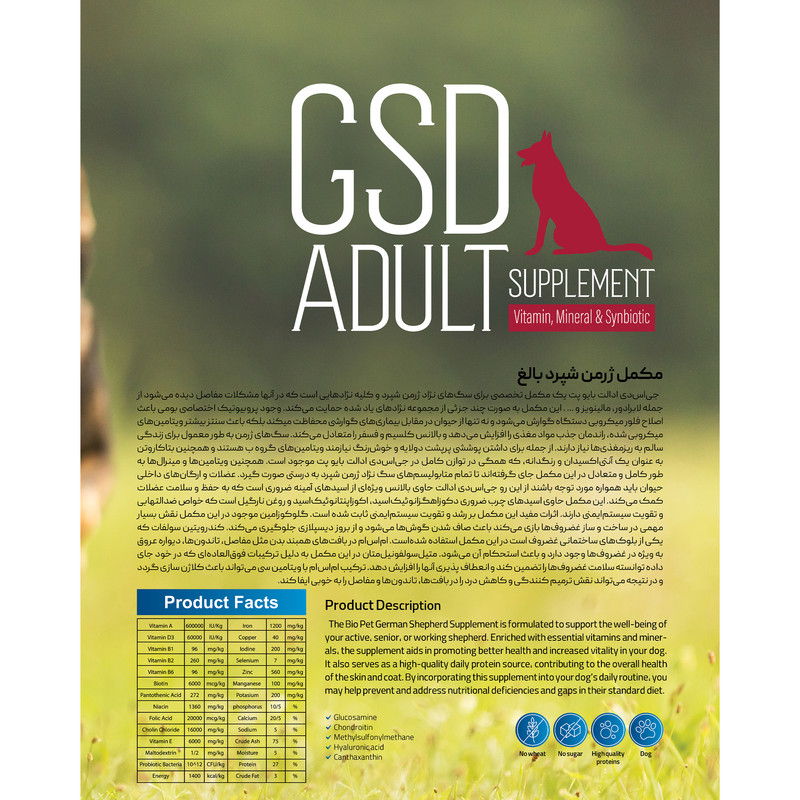 پودر مکمل سگ ژرمن بالغ بایو پت مدل GSD Adult وزن 400 گرم