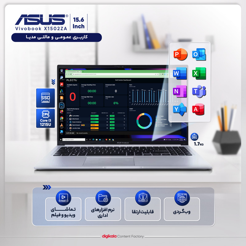لپ تاپ 15.6 اینچی ایسوس مدل Vivobook X1502ZA-EJ289-i3 1215U-4GB DDR4-256GB SSD-IPS