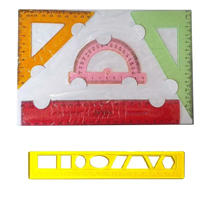 ست خطکش و گونیا مدل شقایق به همراه شابلون اشکال مجموعه 4 عددی