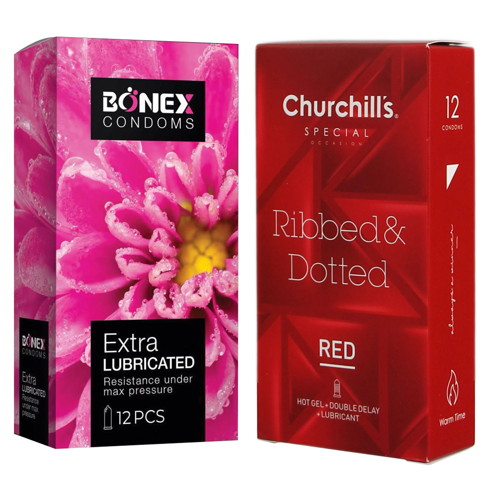 کاندوم چرچیلز مدل  Ribbed & Dotted Red بسته 12 عددی به همراه کاندوم بونکس مدل Extra Lubricated بسته 12 عددی 