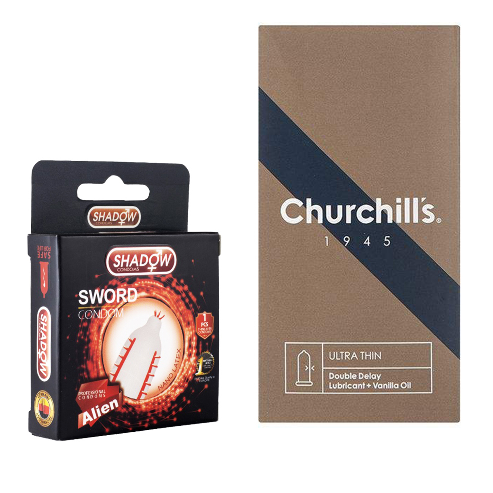 کاندوم چرچیلز مدل Ultra Thin Double Delay بسته 12 عددی به همراه کاندوم شادو مدل Sword