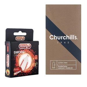 کاندوم چرچیلز مدل Ultra Thin Double Delay بسته 12 عددی به همراه کاندوم شادو مدل Sword