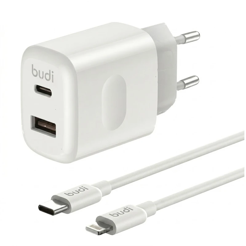 شارژر دیواری ۳۰ وات دو پورت بودی مدل AC306ETLW به همراه کابل تبدیل USB-C به لایتنینگ