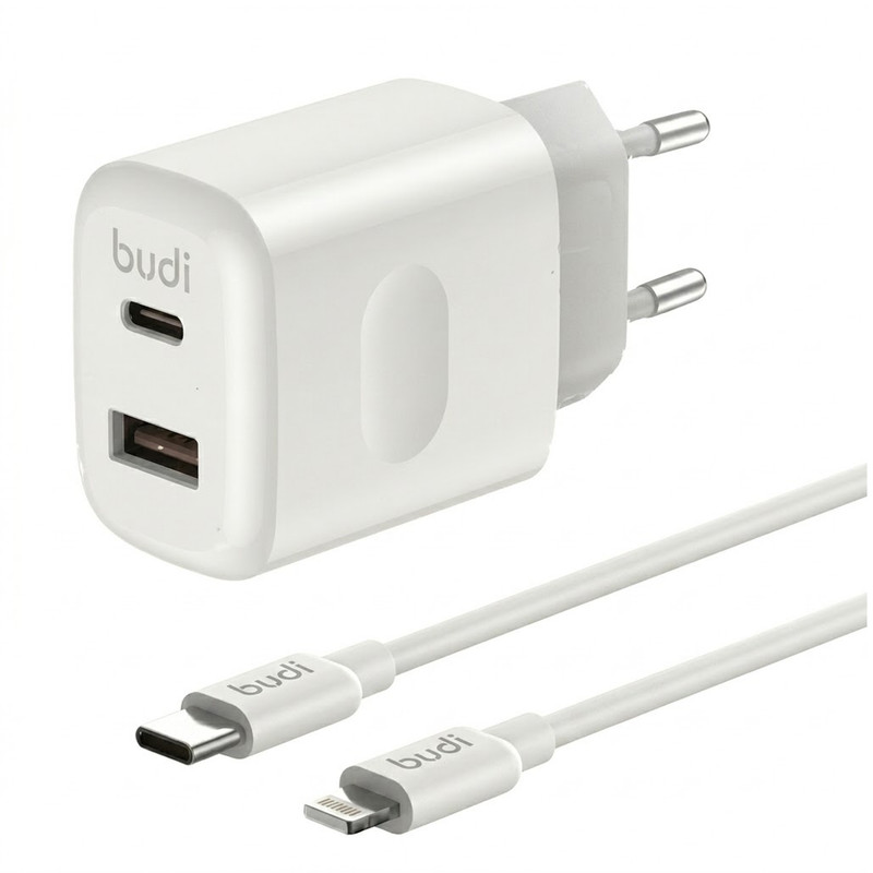 شارژر دیواری 30 وات دو پورت بودی مدل AC306ETLW به همراه کابل تبدیل USB-C به لایتنینگ