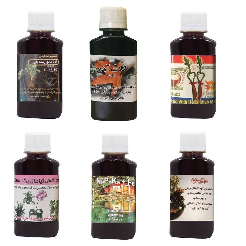کود مایع فسفر ریشه زایی 10-52-10 و کلات آهن و کود بامبو و کود کامل گیاهان برگ سبز و کود سه بیست و مولتی کود مدل life drop حجم 120 میلی لیتر