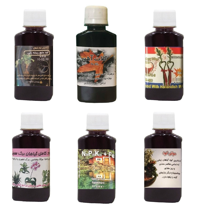 کود مایع فسفر ریشه زایی 10-52-10 و کلات آهن و کود بامبو و کود کامل گیاهان برگ سبز و کود سه بیست و مولتی کود مدل life drop حجم 120 میلی لیتر