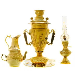 سرویس سماور ذغالی 6 پارچه برنجی مدل سوزنی ترک دار کد 4322