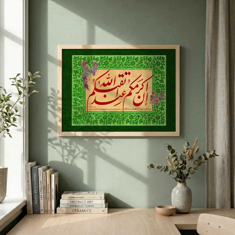 تابلو طرح قرآنی ان اکرمکم عند الله اتقاکم مدل G14644 فریم کرم روشن