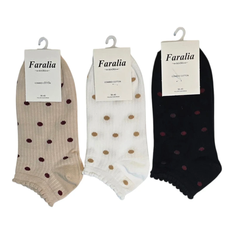 جوراب ساق کوتاه زنانه مدل خالدار لبه چین  بسته 3 عددی