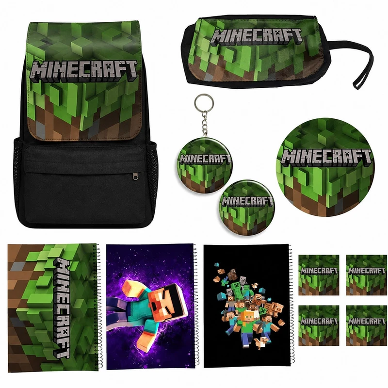 کوله پشتی طرح ماینکرافت کد Minecraft A13 به همراه دفتر مشق و جامدادی و زیر لیوانی و جاکلیدی مجموعه 12 عددی