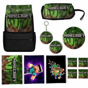کوله پشتی طرح ماینکرافت کد Minecraft A13 به همراه دفتر مشق و جامدادی و زیر لیوانی و جاکلیدی مجموعه 12 عددی