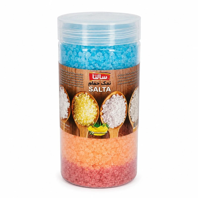 نمک حمام سالتا مدل موز وزن 850 گرم با خاصیت لیفت‌کنندگی و لایه‌برداری پوست، کریستالی و حل‌شونده مناسب انواع پوست
