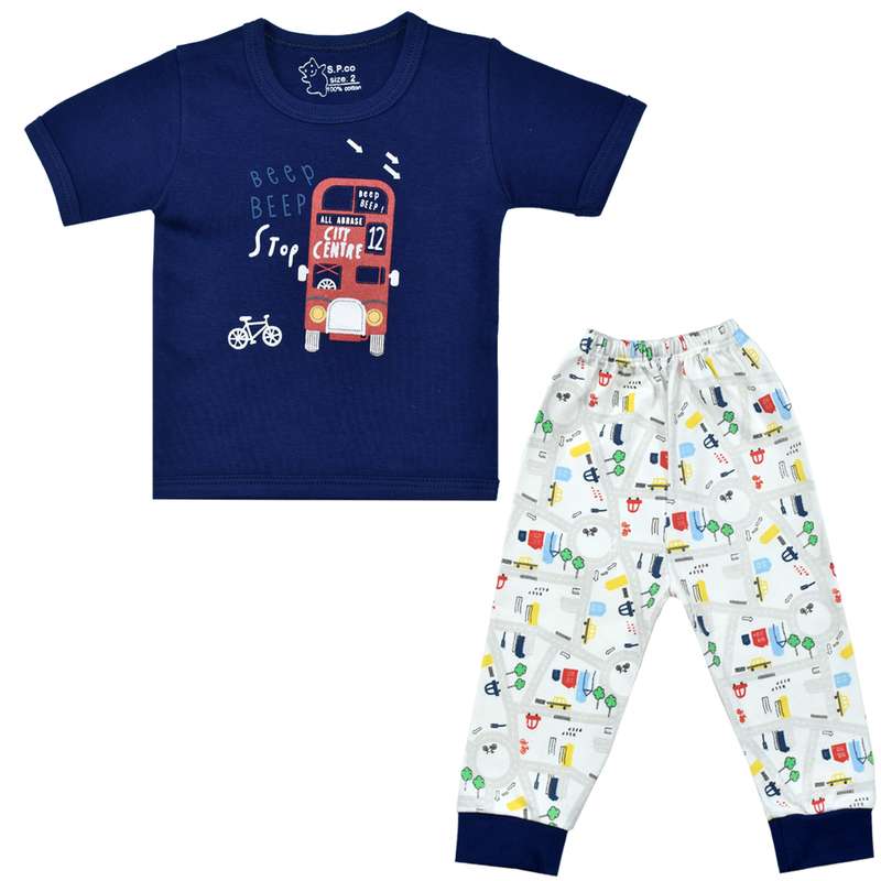 ست تی شرت آستین کوتاه و شلوار نوزادی اسپیکو مدل اتوبوس