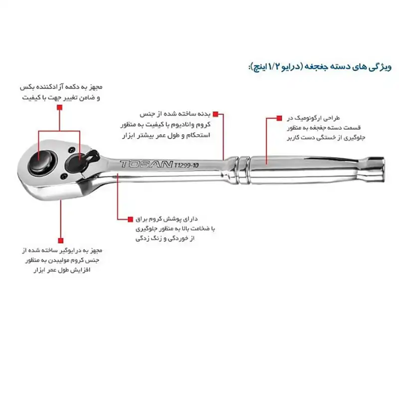 آچار دسته بکس جغجغه ای توسن مدل T1299-10 سایز 1/2 اینچ