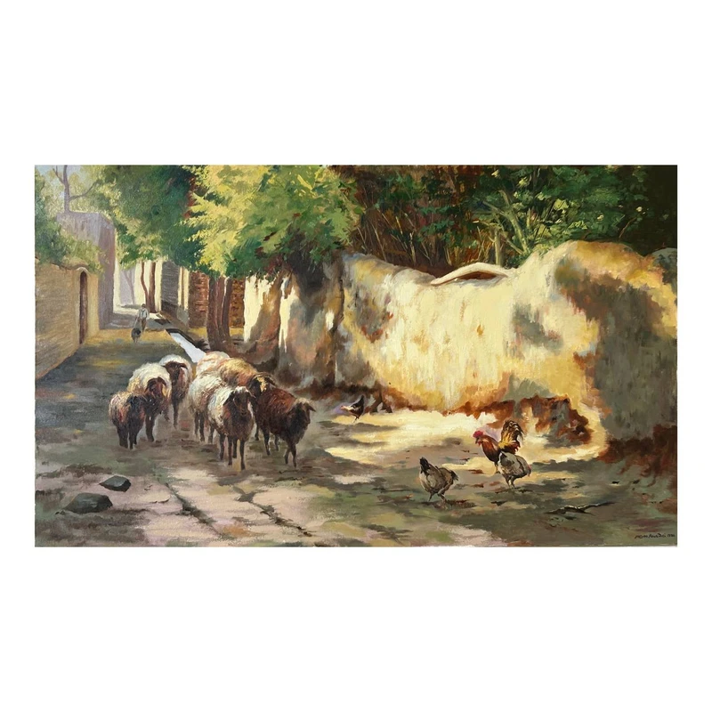 تابلو نقاشی رنگ روغن به سبک رئالیسم طرح کوچه باغ 