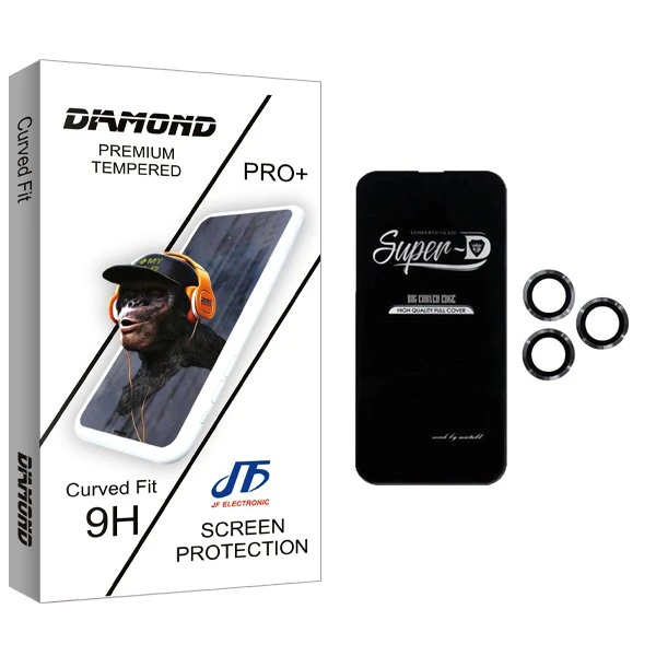 محافظ صفحه نمایش جی اف مدل Diamond SuperD مناسب برای گوشی موبایل اپل iPhone 13 Pro به همراه محافظ لنز گوشی