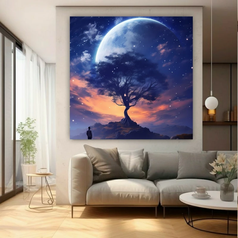 تابلو بوم طرح مخمل آرت دیجیتال درخت مدل ماه کامل کد GR1605