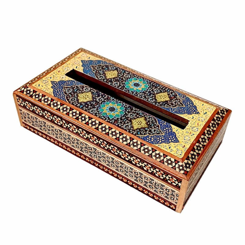 جعبه دستمال کاغذی خاتم کاری چوبی طرح تذهیب مدل آذین کد 1230