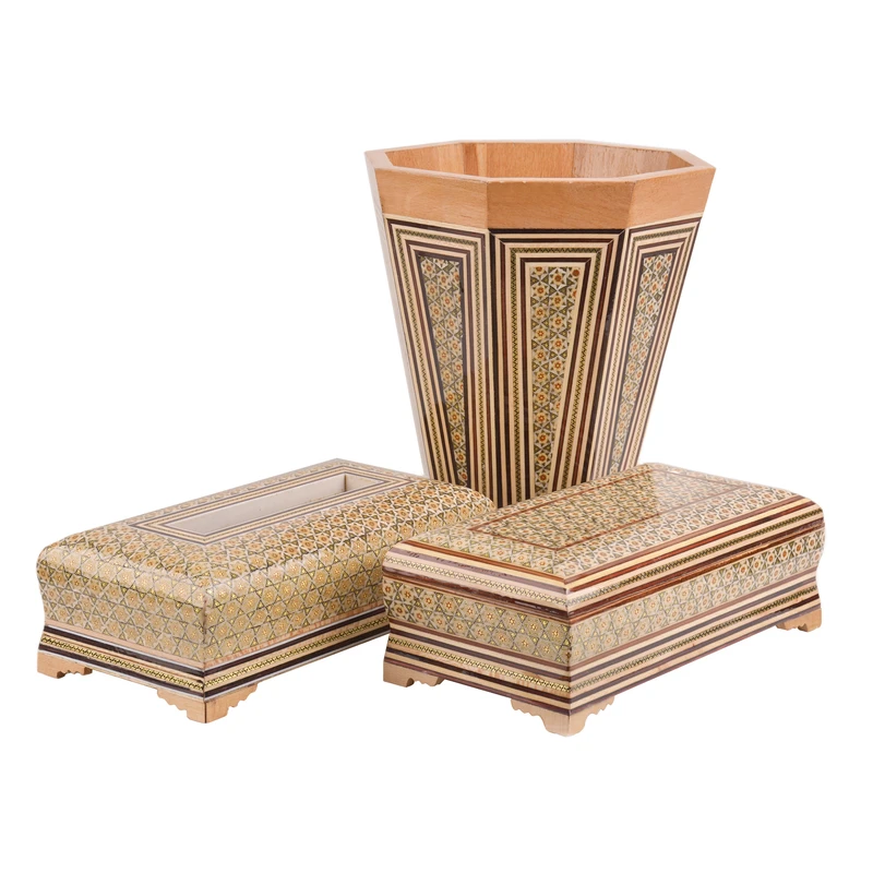 ست جعبه دستمال کاغذی و جاکاردی و سطل خاتم کاری هنرلوکس کد tp3