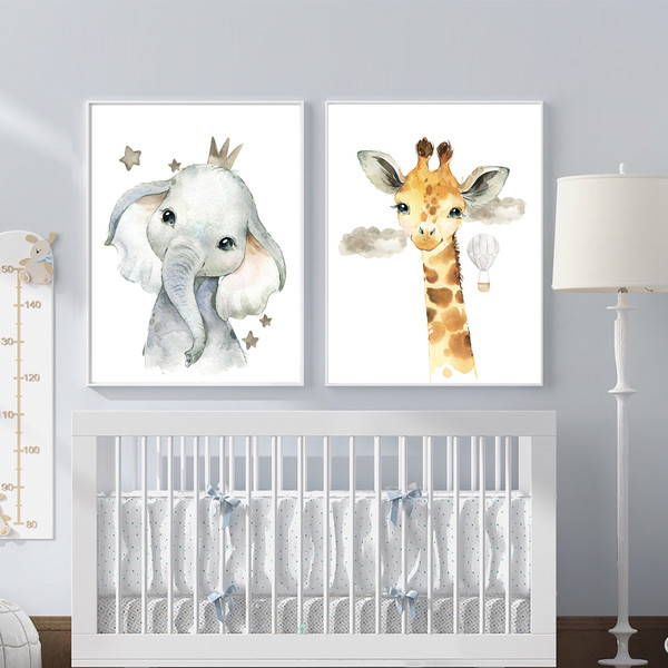 تابلو اتاق کودک و نوزاد الفاپ مدل زرافه و فیل کد Watercolore Animals 002 مجموعه 2 عددی
