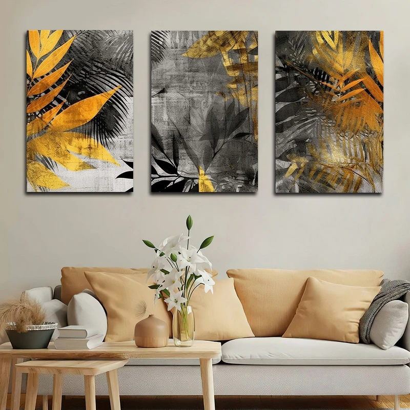 تابلو شاسی بکلیت طرح نقاشی مدرن برگ پاییزی مدل SH-1600 مجموعه 3 عددی