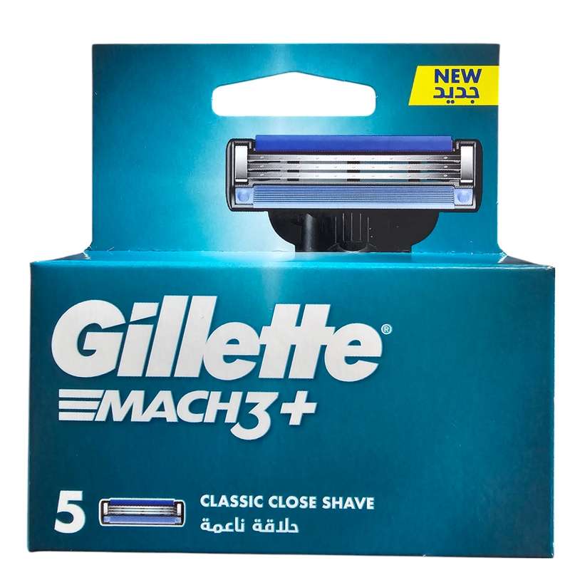 بسته پنج‌تایی تیغ یدک ژیلت Mach3 Plus روی پس‌زمینه سفید، مناسب معرفی تیغ و یدک اصلاح میان‌رده برای اصلاح روزمره