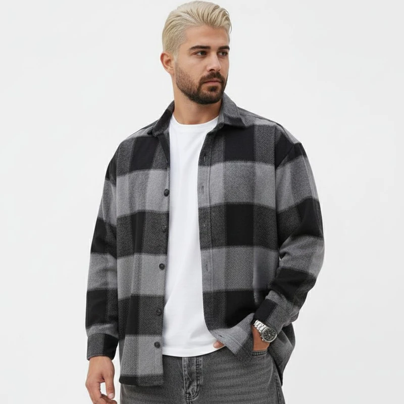 پیراهن آستین بلند یقه برگردان مردانه مدل پشمی قواره باکسی 8092