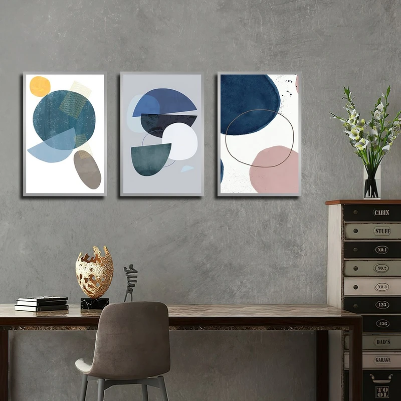 تابلو بکلیت طرح نقاشی انتزاعی مدل SI-3919 فریم نقره ای مجموعه 3 عددی