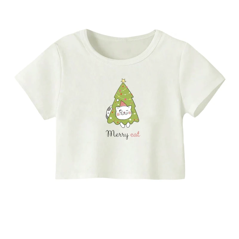 کراپ‌ تی‌شرت آستین کوتاه زنانه مدل گربه کریسمس کد 3
