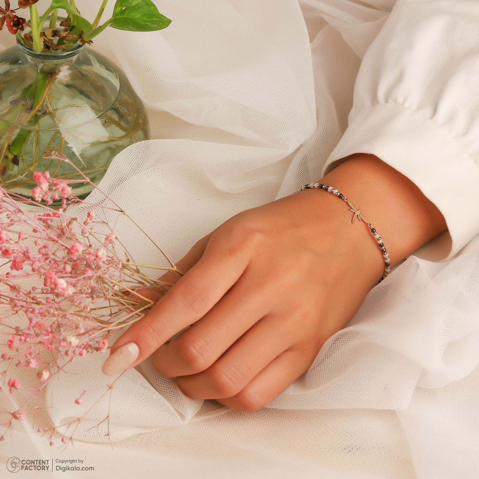 دستبند طلا 18 عیار زنانه با بند مهره‌ای سنجاق مدل سنجاقک کد 40002491 -  - 8
