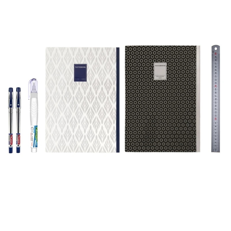 دفتر مشق 60 برگ پاپکو مدل 9146 به همراه خودکار و خط کش و غلط گیر بسته 6 عددی