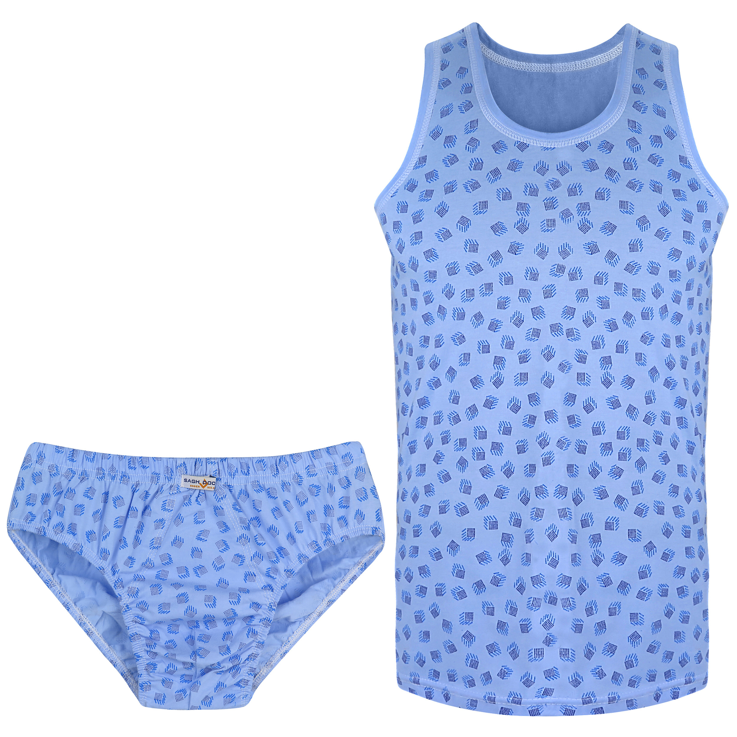 ست شورت و زیرپوش مردانه ساقدوش طرح مربع کد 123-10 رنگ آبی