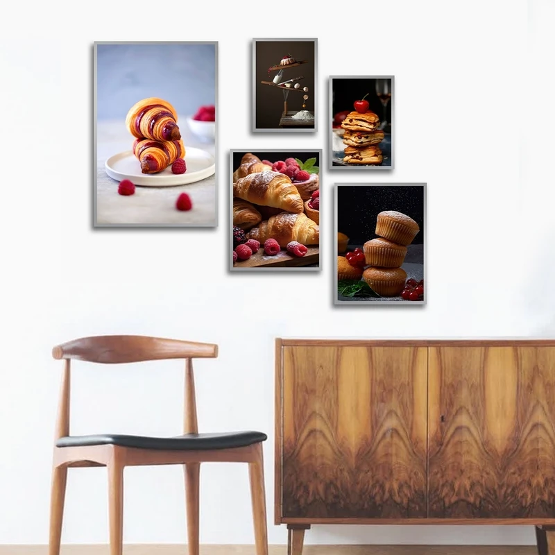 تابلو بکلیت طرح کافه و شیرینی و کروسان مدل SI-2621 مجموعه 5 عددی