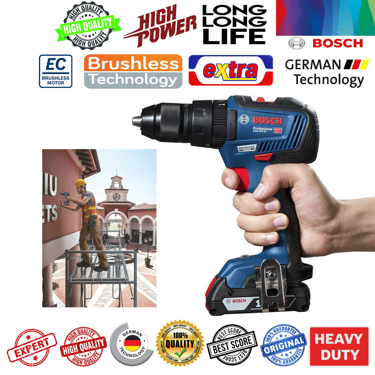 مجموعه 7 عددی دریل چکشی شارژِی بوش مدل GSB 18 V-50 Brushless 2AH