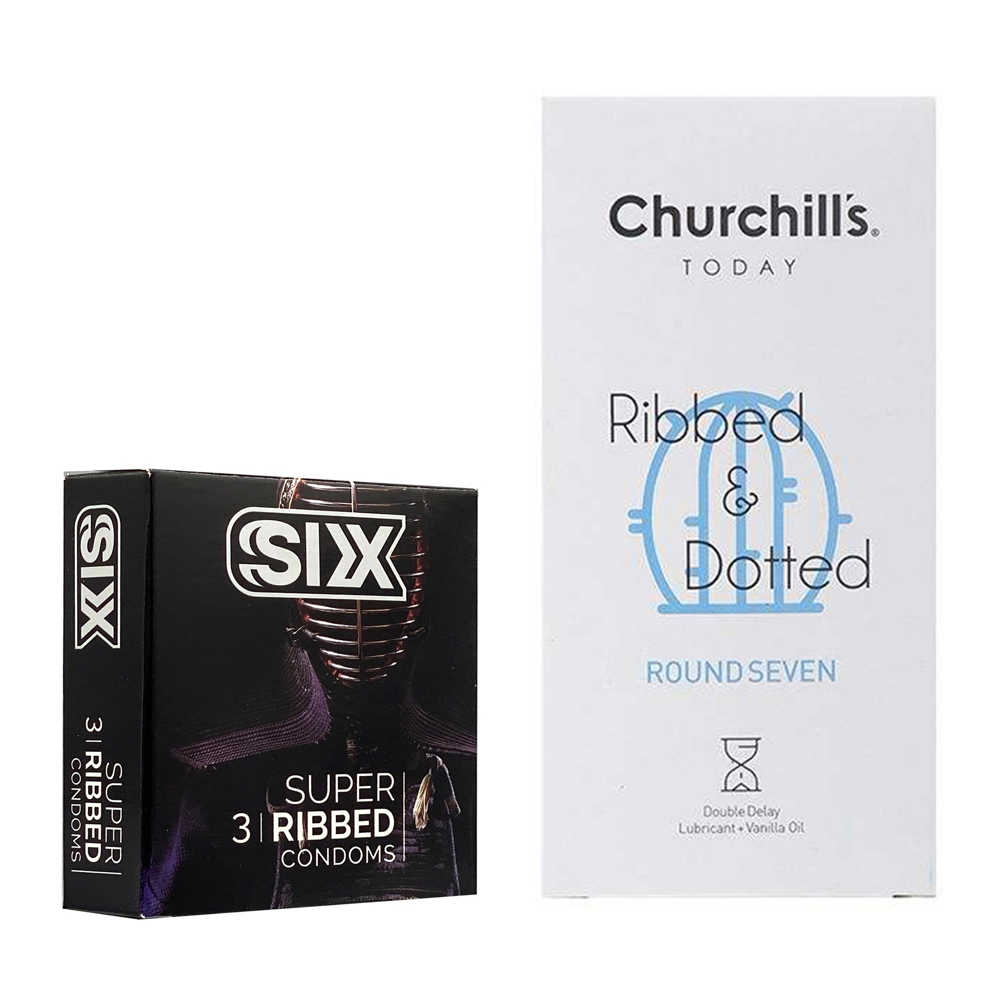 کاندوم چرچیلز مدل Round Seven بسته 12 عددی به همراه کاندوم سیکس مدل شیاردار بسته 3 عددی 