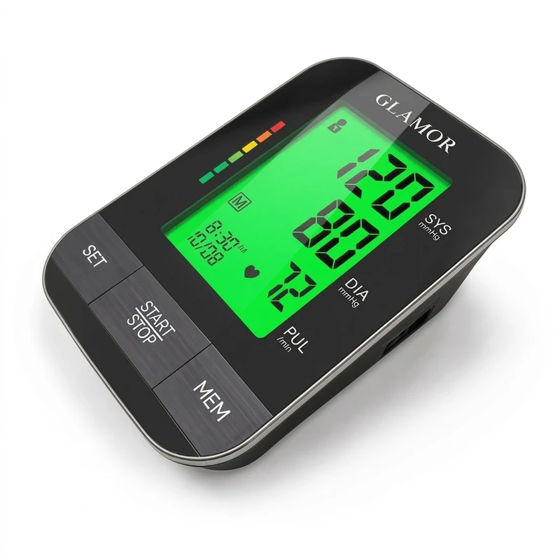فشارسنج بازویی دیجیتال گلامور مدل DBP-1332، با نمایشگر LCD، اعلان صوتی فارسی، نور پس‌زمینه چندرنگ، منبع انرژی برق و باتری، مناسب بازو 22-42 سانتی‌متر، دو پروفایل کاربر، به‌همراه کیف ضدضربه، دو کاف بازویی و آداپتور برق