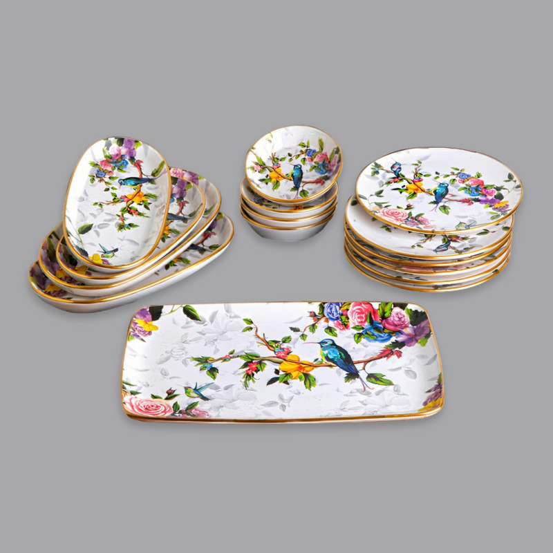 سرویس صبحانه‌خوری 15 پارچه 6 نفر مدل گونول طرح گل و پرنده