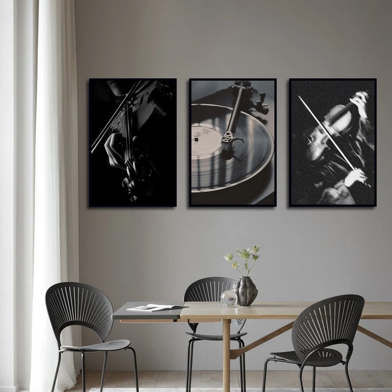 تابلو ساده بکلیت طرح ساز ویولن و گرامافون مدل شاین اکلیلی B-2986 فریم مشکی مجموعه 3 عددی