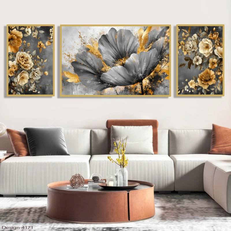 تابلو مدل دکوراتیو گل لاله کد 4171 فریم طلایی مجموعه سه عددی