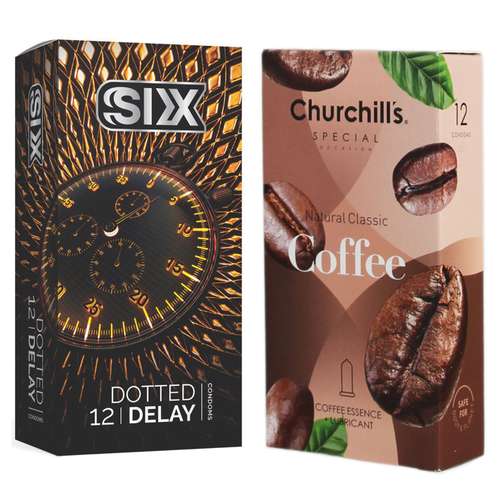 کاندوم چرچیلز مدل Coffee بسته 12 عددی به همراه کاندوم سیکس مدل تاخیری بسته 12 عددی