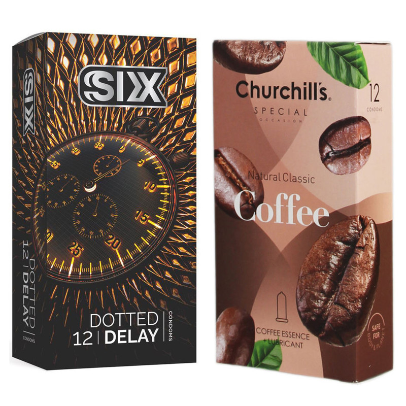 کاندوم چرچیلز مدل Coffee بسته 12 عددی به همراه کاندوم سیکس مدل تاخیری بسته 12 عددی کاندوم چرچیلز مدل Coffee بسته 12 عددی به همراه کاندوم سیکس مدل تاخیری بسته 12 عددی