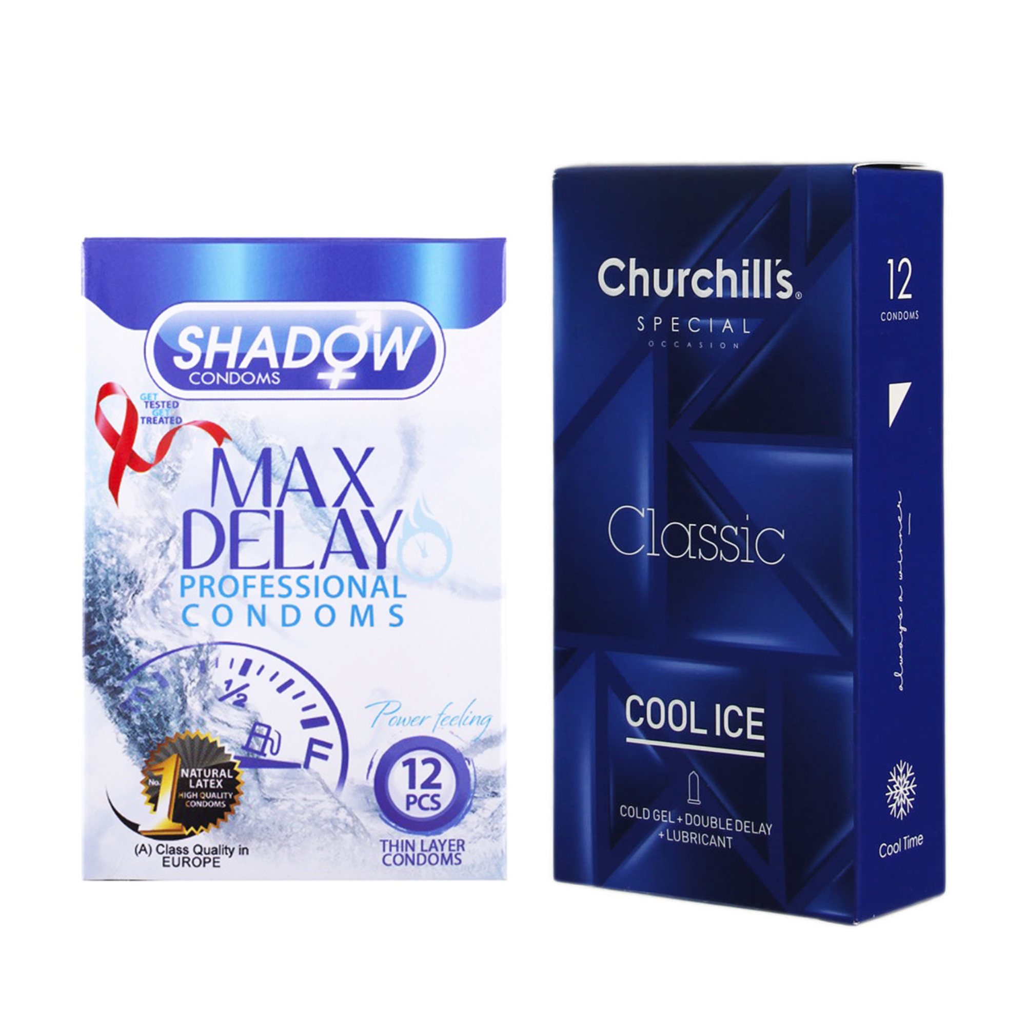 کاندوم چرچیلز مدل Cool Ice بسته 12 عددی به همراه کاندوم شادو مدل Max Delay بسته 12 عددی