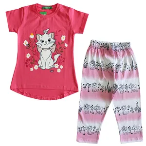 ست تی شرت و شلوارک دخترانه مدل گربه رنگ سرخابی