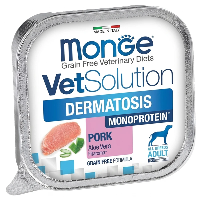 کنسرو سگ بالغ مونژه مدل VetSolution Dermatosis با طعم گوشت خوک و آلوورا وزن 150 گرم