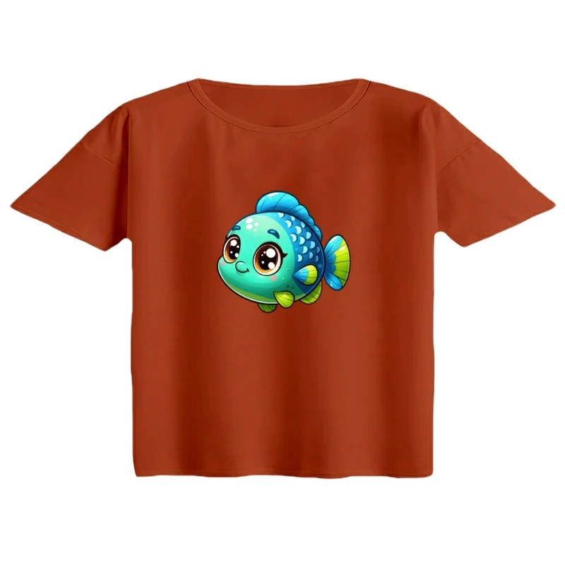 کراپ تی‌شرت آستین کوتاه زنانه مدل ماهی کارتونی کد 01