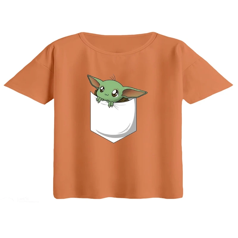 کراپ تی‌شرت آستین کوتاه زنانه مدل بیبی یودا جیبی