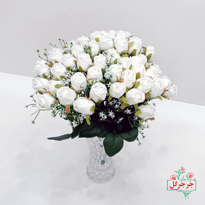گل مصنوعی جُرجُرگل مدل بوته رز خامه ای 20 بازو