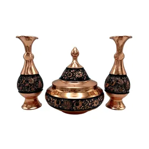 ست گلدان و گز خوری قلمزنی مسی طرح گل و مرغ کد 043